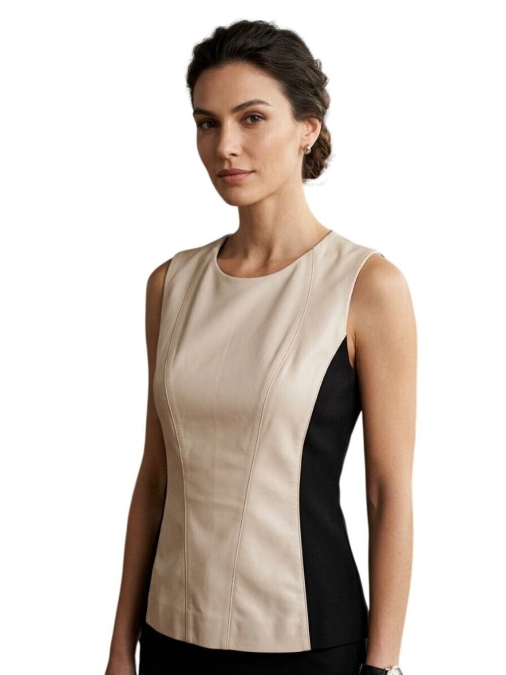 Vakko Genuine Leather Jersey Top Sleeveless Zip Closure Size L